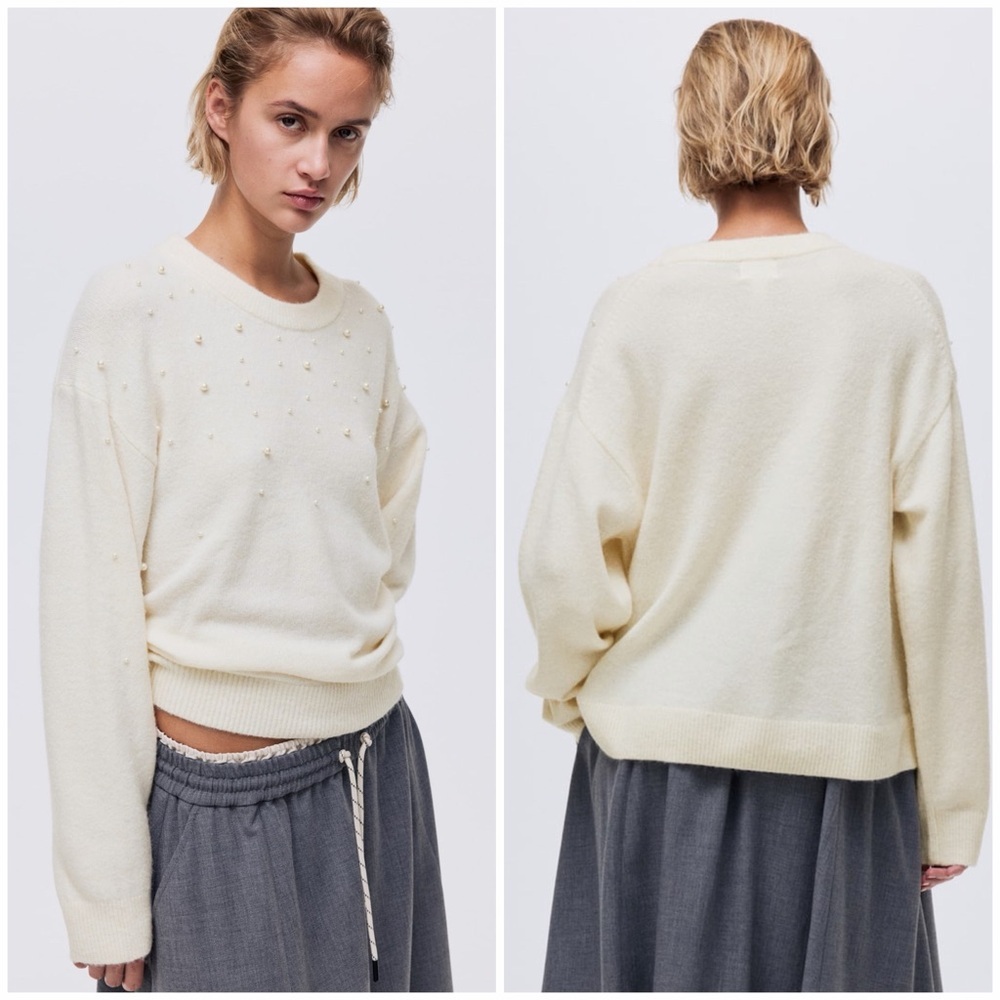 H&M Womens Pearl Embellished Knit Sweater Wool Cream Ivory Sz XS NWT